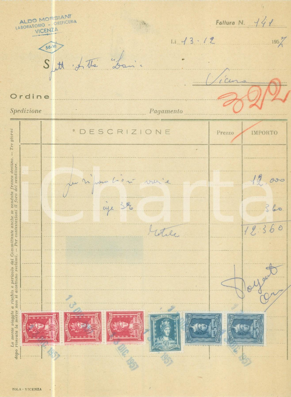 Documento originale, autentico 1957 VICENZA Aldo MORSIANI Laboratorio oreficeria Fattura commerciale 1