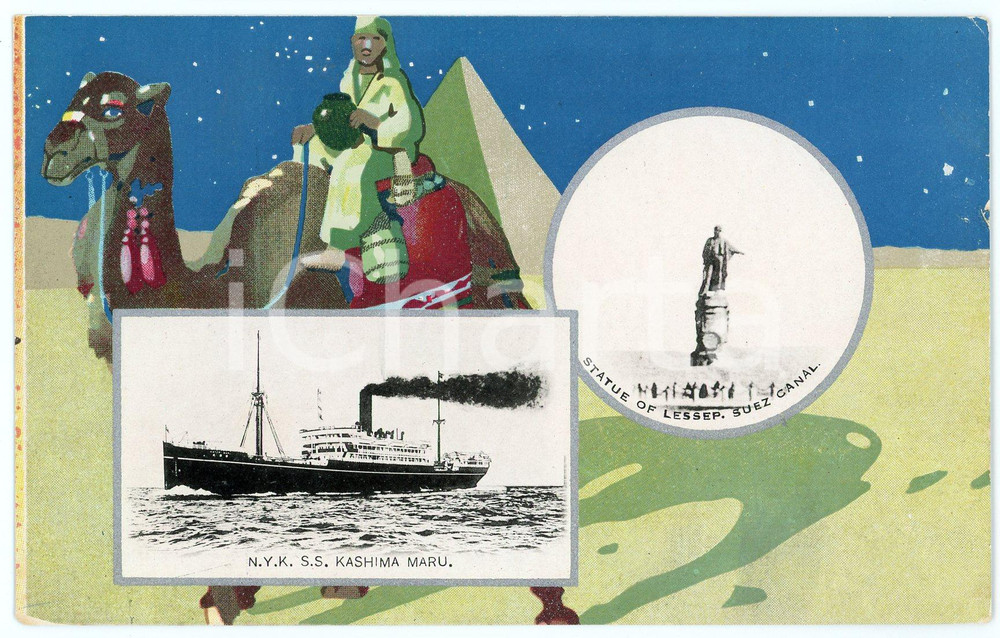 1925 JAPAN Nippon Yusen Kaisha S.S. KASHIMA MARU - Statue Lessep SUEZ ^Postcard  Cartolina postale d'epoca, illustrata.Scritta, ma non viaggiata. GOOD/buono minime smussature angolari Formato: 14x9 cm originale e autentica 1