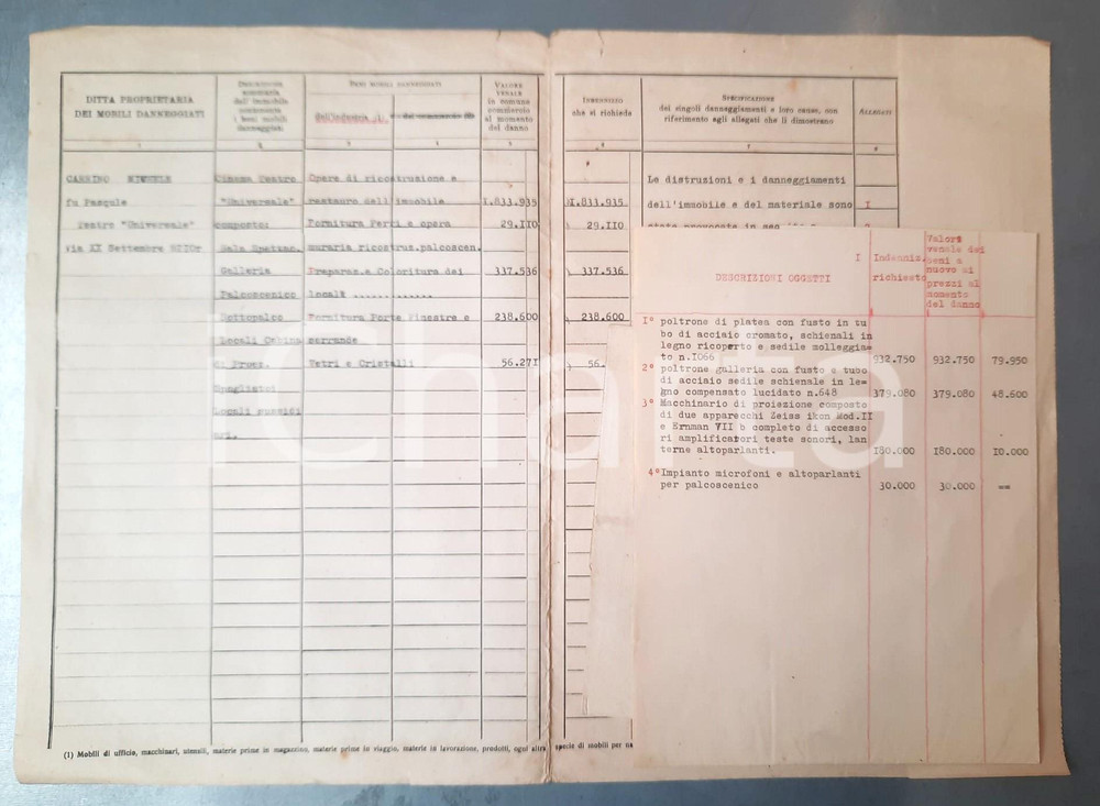 Documento originale, autentico 1943 WW2 GENOVA Michele CARRINO chiede indennizzo danni guerra Cinema UNIVERSALE 1