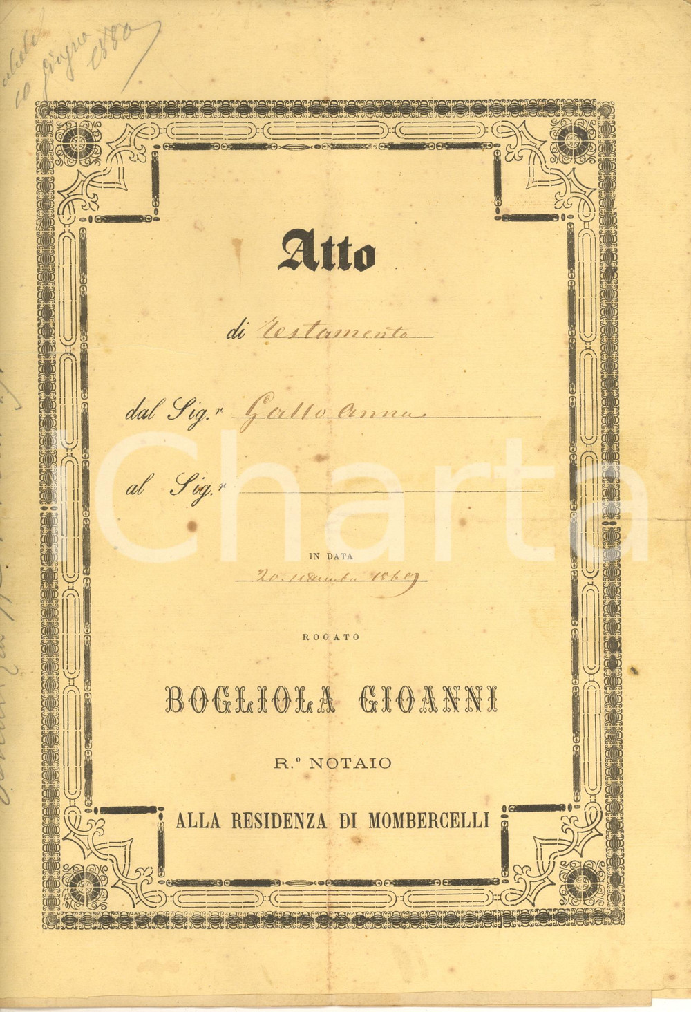 Documento originale, autentico 1869 CASTELNUOVO CALCEA AT Testamento di Anna GALLO vedova Manoscritto 1