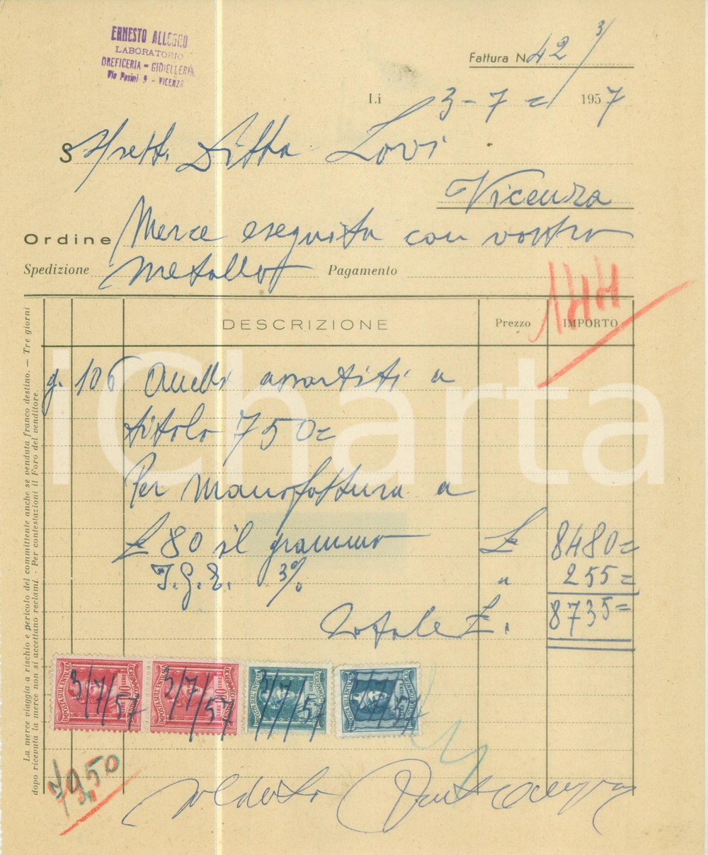 Documento originale, autentico 1957 VICENZA Ernesto ALLEGRO Oreficeria gioielleria  Fattura commerciale 1