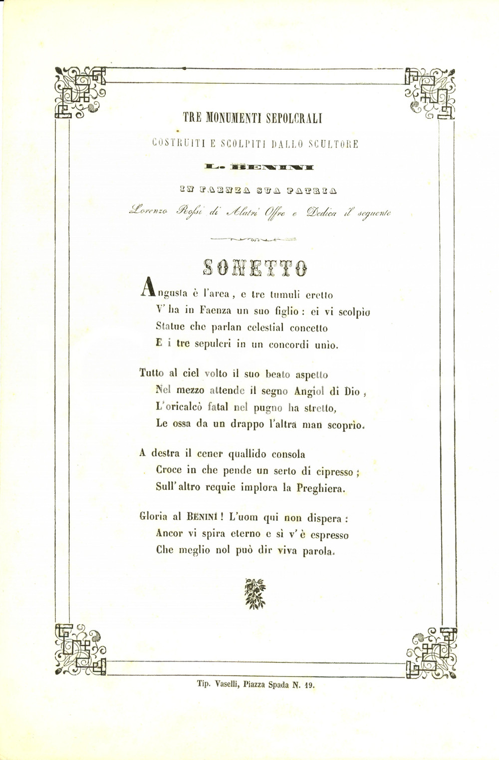 Documento originale, autentico 1850 FAENZA RA Lorenzo ROSSI sonetto a Luigi BENINI Tre monumenti sepolcrali 1
