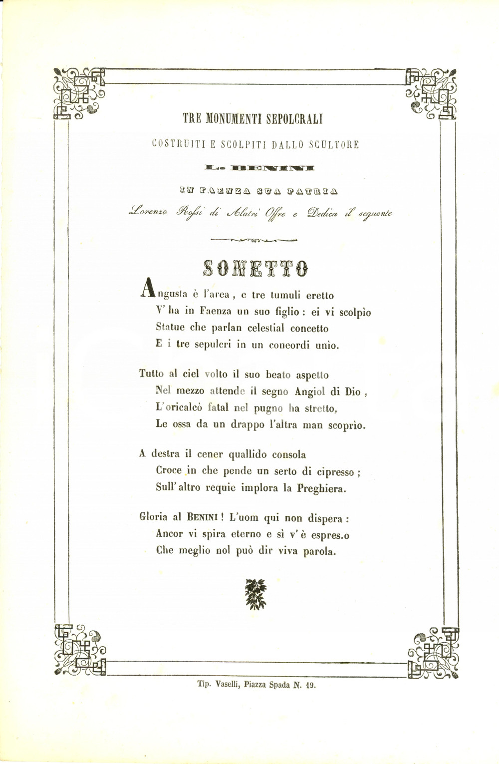 Documento originale, autentico 1850 FAENZA RA Lorenzo ROSSI sonetto a Luigi BENINI Tre monumenti sepolcrali 1