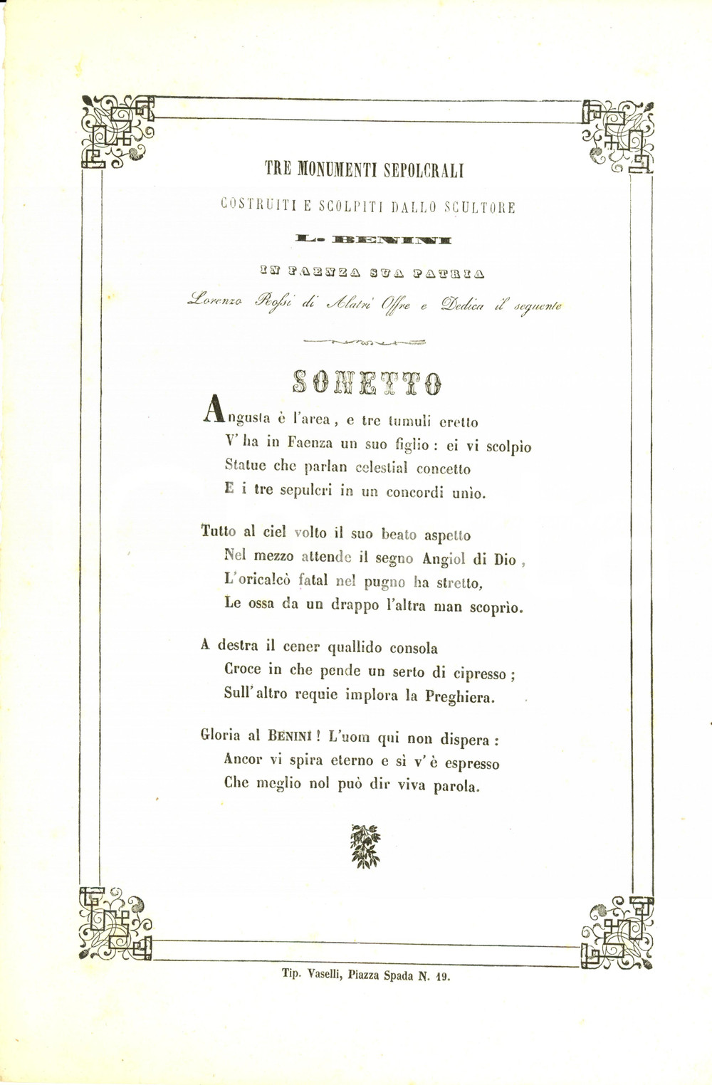 Documento originale, autentico 1850 FAENZA RA Lorenzo ROSSI sonetto a Luigi BENINI Tre monumenti sepolcrali 1
