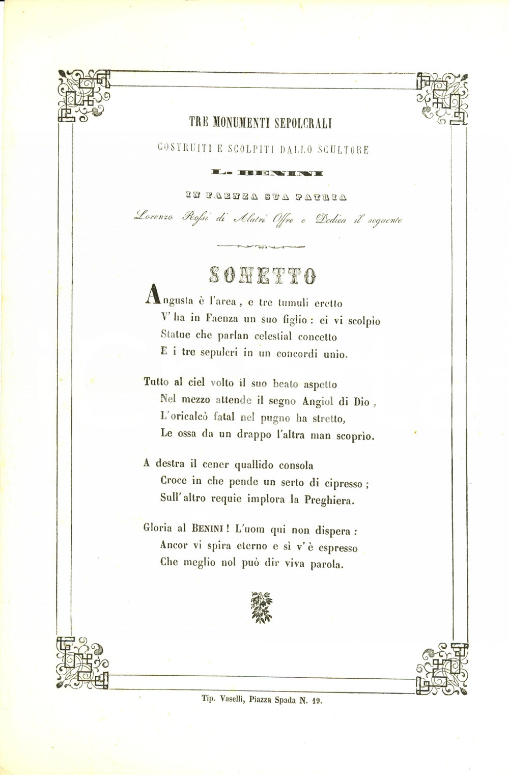 Documento originale, autentico 1850 FAENZA RA Lorenzo ROSSI sonetto a Luigi BENINI Tre monumenti sepolcrali 1