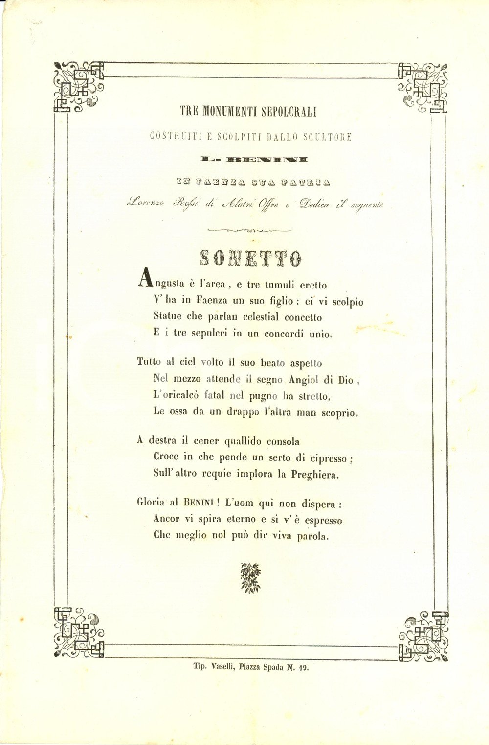 Documento originale, autentico 1850 FAENZA RA Lorenzo ROSSI sonetto a Luigi BENINI Tre monumenti sepolcrali 1