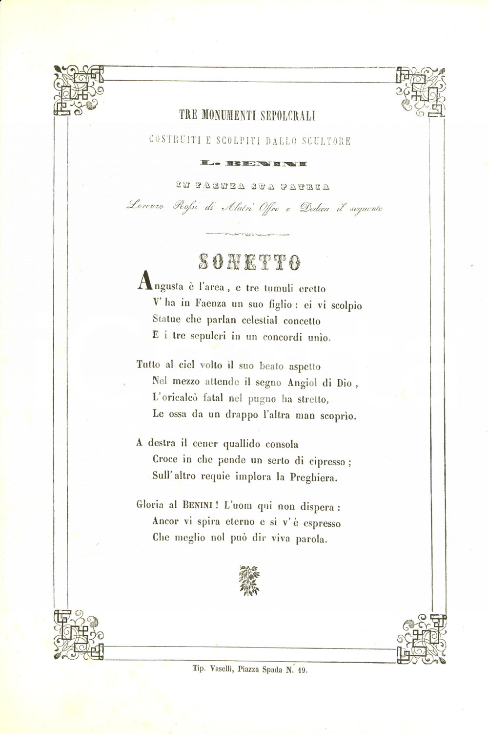 Documento originale, autentico 1850 FAENZA RA Lorenzo ROSSI sonetto a Luigi BENINI Tre monumenti sepolcrali 1