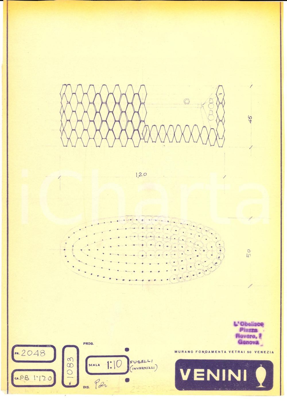 Materiale pubblicitario d’epoca 1960 ca MURANO VENEZIA Vetrai VENINI disegno di lampada Copia eliografica 1