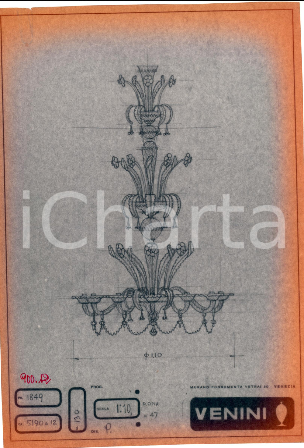 Materiale pubblicitario d’epoca 1960 ca MURANO VENEZIA Vetrai VENINI disegno di lampadario *Copia eliografica 1