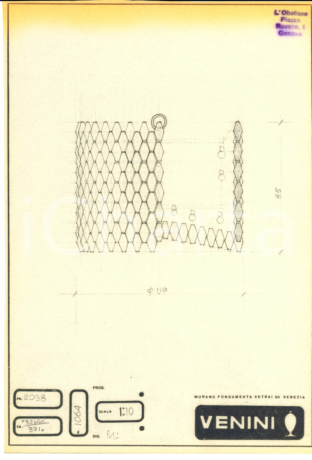 Materiale pubblicitario d’epoca 1960 ca MURANO VENEZIA Vetrai VENINI Disegno di lampada  Copia eliografica 1