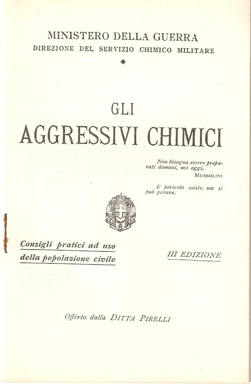 Libro, pubblicazione d epoca 1935 ca GUERRA CHIMICA PIRELLI Aggressivi chimici Ministero Guerra Opuscolo 1