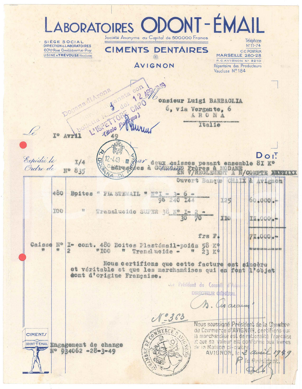 Documento originale, autentico 1949 AVIGNON F Laboratoires ODONTEMAIL  Ciments dentaires Fattura 1