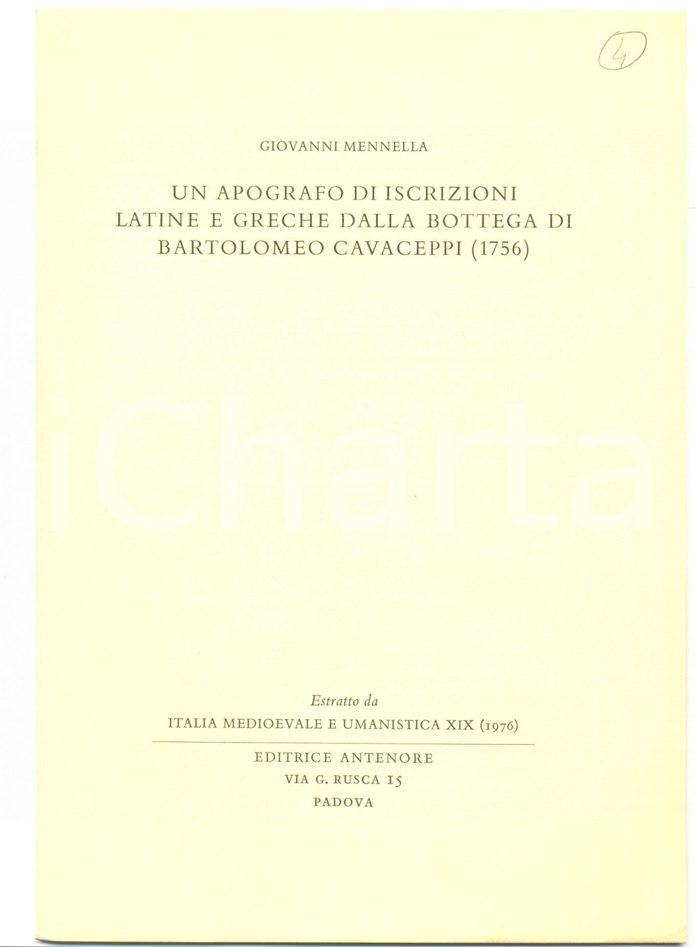 Libro, pubblicazione d epoca 1976 Giovanni MENNELLA Iscrizioni bottega CAVACEPPI 1