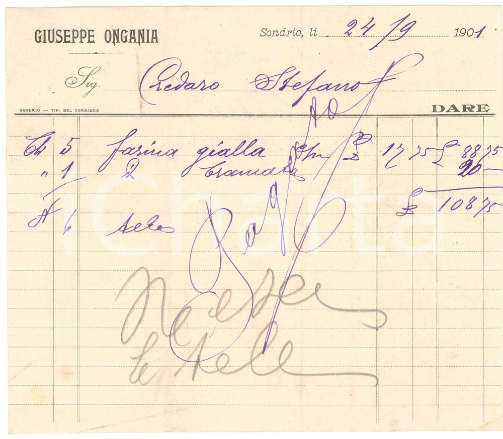 Documento originale, autentico 1901 SONDRIO Giuseppe ONGANIA Fattura per farina gialla 1