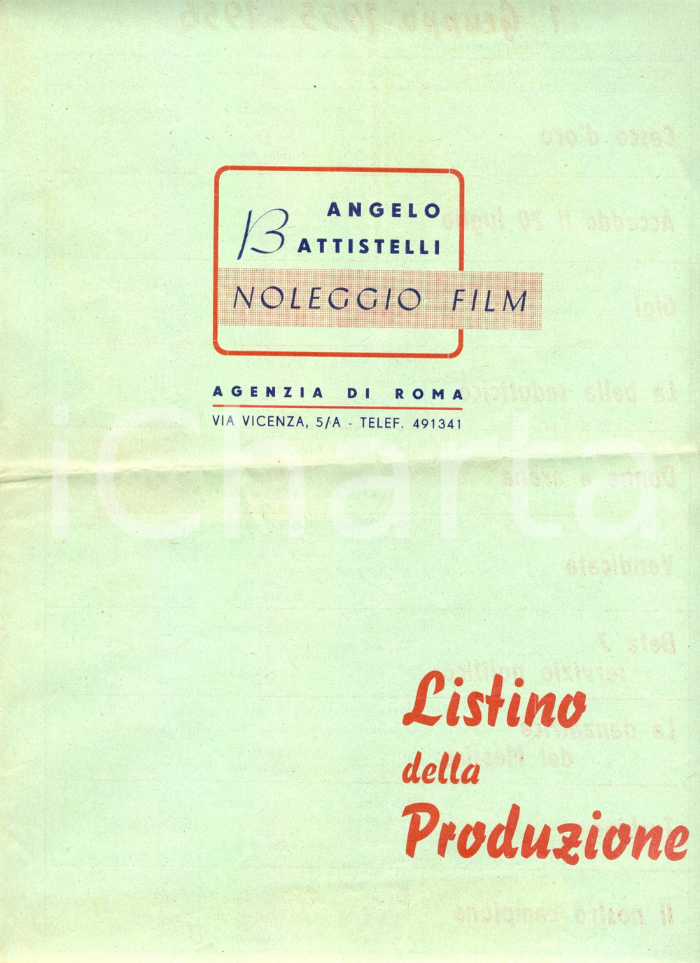 Materiale pubblicitario d’epoca 1956 ROMA Angelo BATTISTELLI Noleggio film  Listino della produzione 1