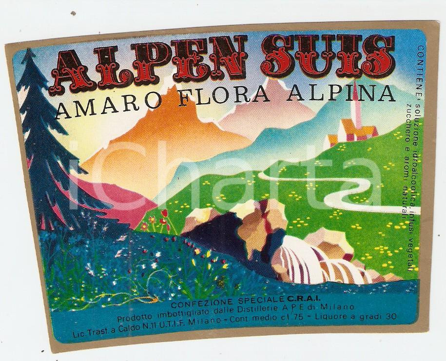 Materiale pubblicitario d’epoca 1970 ca MILANO Distilleria APE Amaro flora alpina ALPEN SUIS Etichetta 1