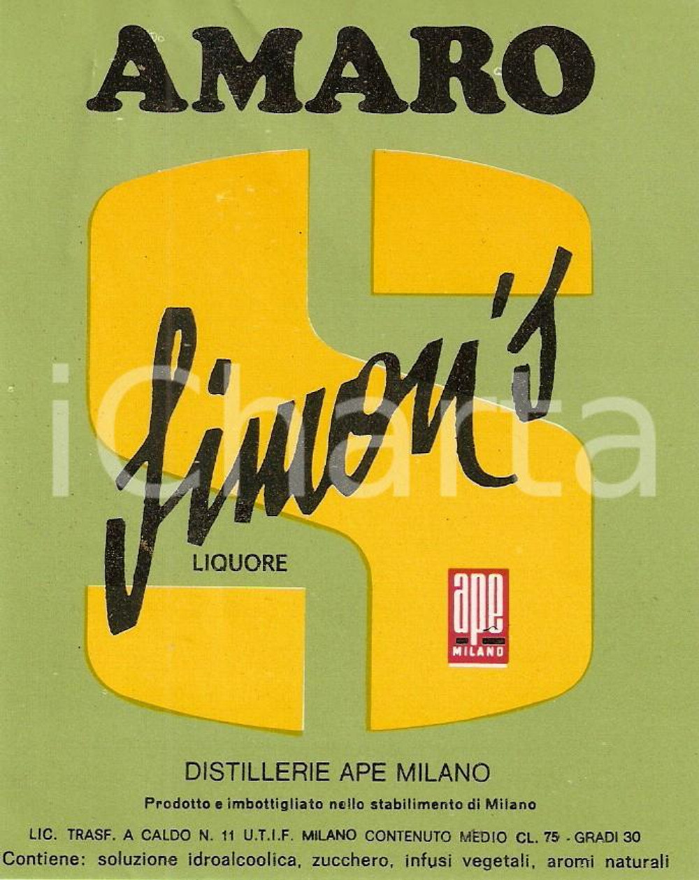 Materiale pubblicitario d’epoca 1970 ca MILANO Distilleria APE Amaro SIMON'S Liquore *Etichetta 1