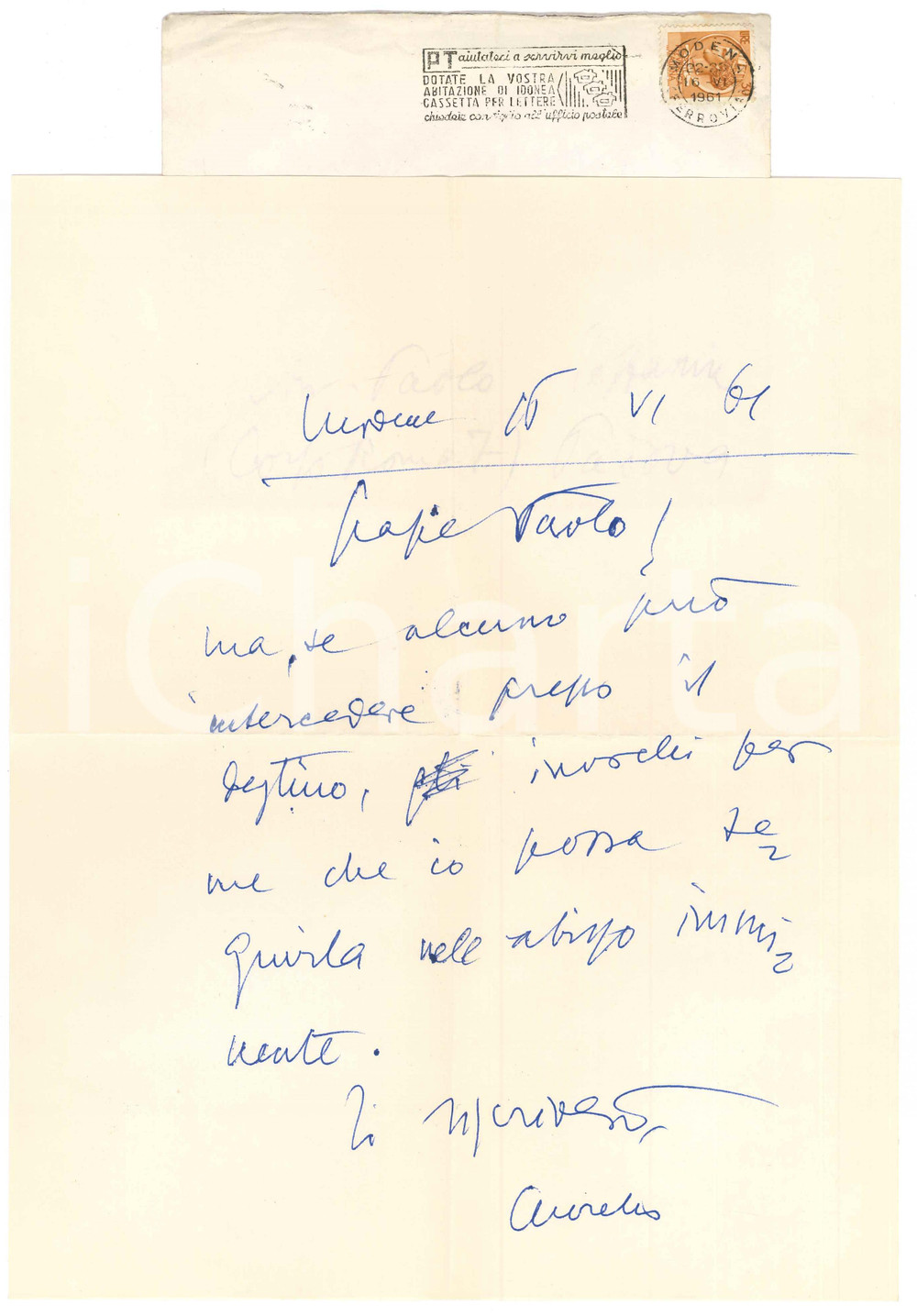 Autografo originale 1961 MODENA Aurelio CANDIAN  Lettera in un momento di lutto Autografo 1