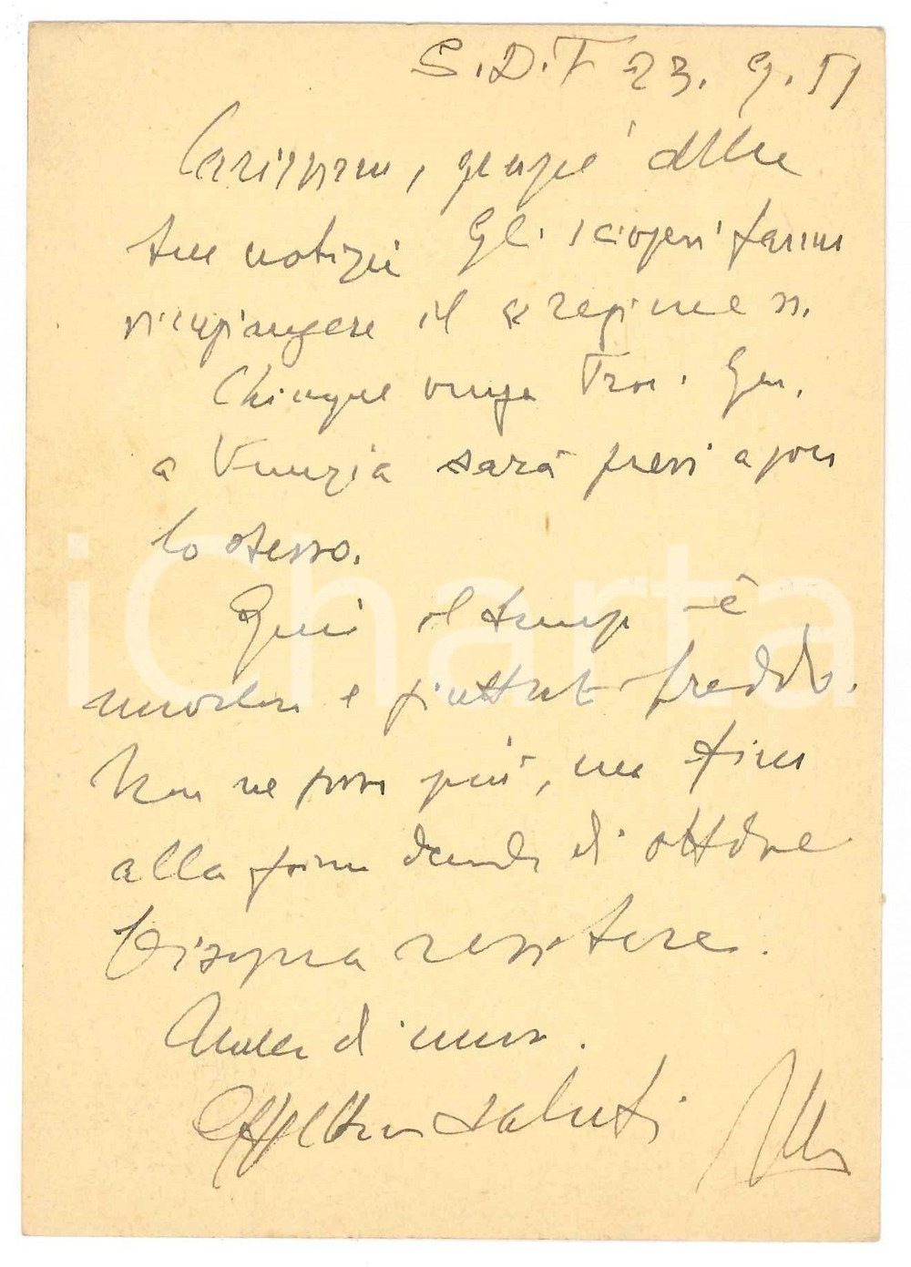 Autografo originale 1951 SAN DANIELE DEL FRIULI Vincenzo MANZINI e il tempo freddo Autografo 1