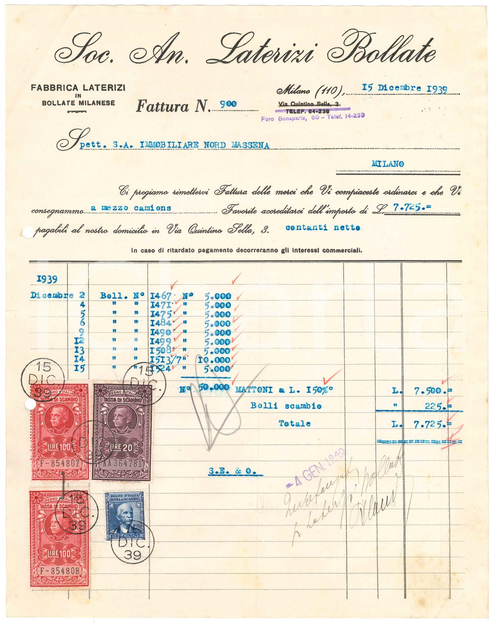 Documento originale, autentico 1939 MILANO via Quintino Sella  Soc. An. Laterizi BOLLATE  Fattura 1