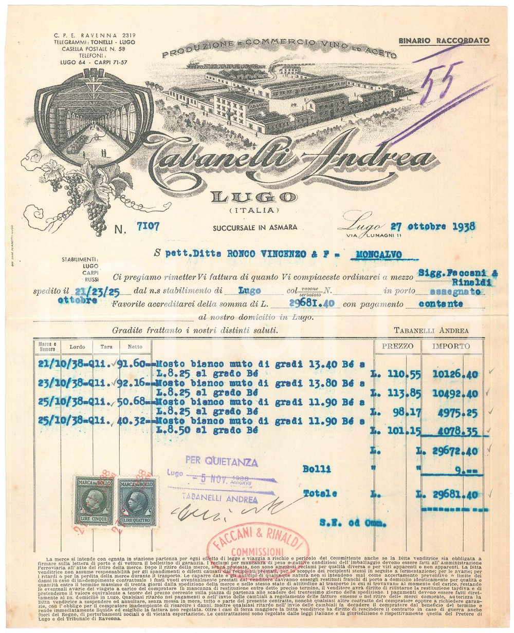 Documento originale, autentico 1938 LUGO RA Andrea TABANELLI  Produzione vino e aceto  Fattura 1