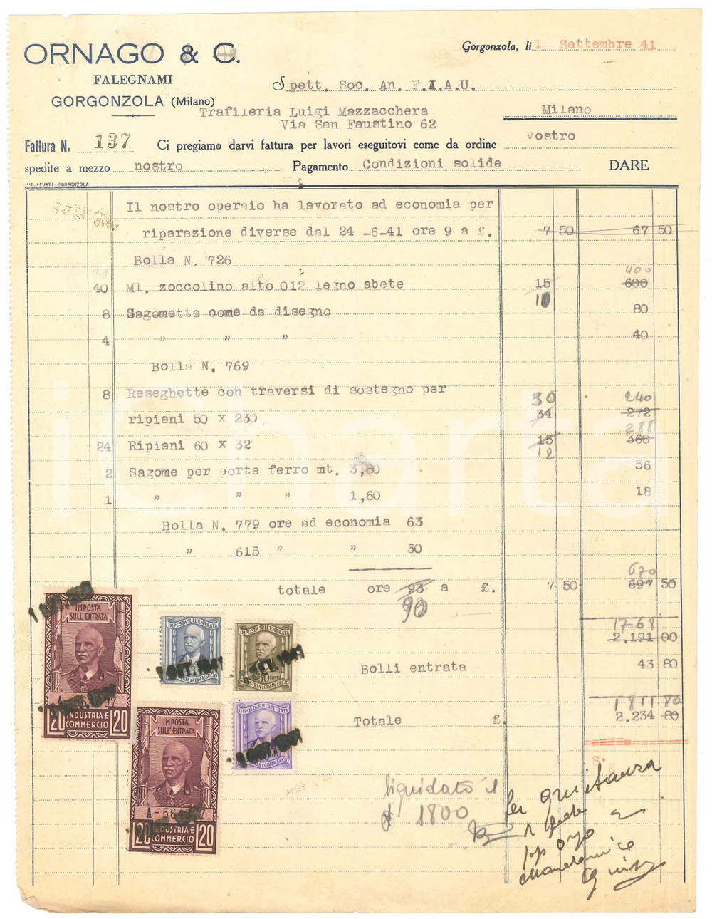 Documento originale, autentico 1941 GORGONZOLA MI ORNAGO & C Falegnami  Fattura intestata 1