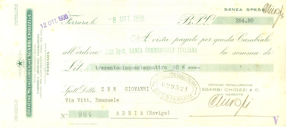 Documento originale, autentico 1936 FERRARA Officine metallurgiche SGARBI CHIOZZI Cambiale pubblicitaria 1