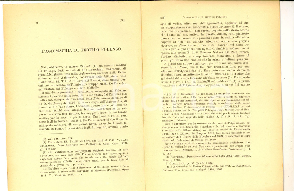 Libro, pubblicazione d epoca 1939 Fernando SALSANO L agiomachia di Teofilo Folengo  Estratto 18 pp. 1