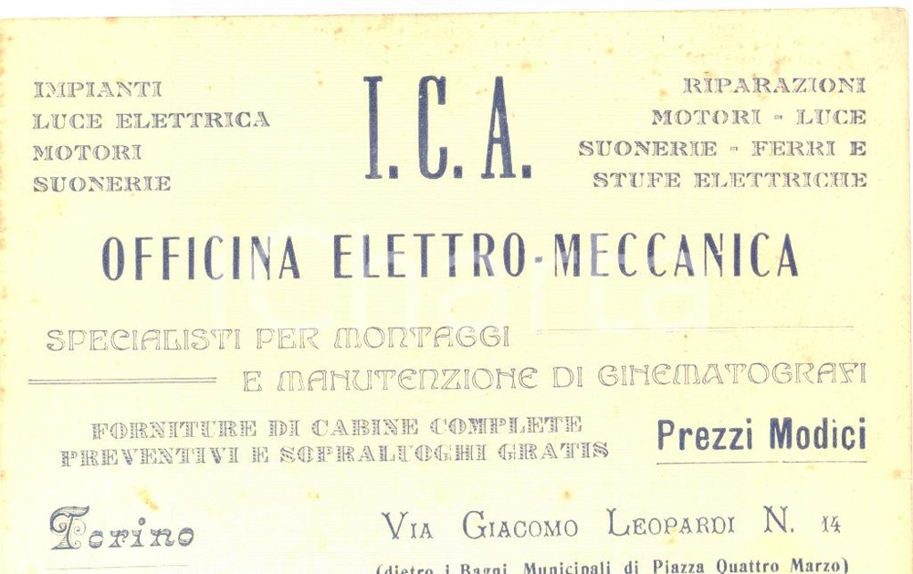 Materiale pubblicitario d’epoca 1930 ca TORINO I.C.A. Officina elettromeccanica cinematografi Cartoncino 1