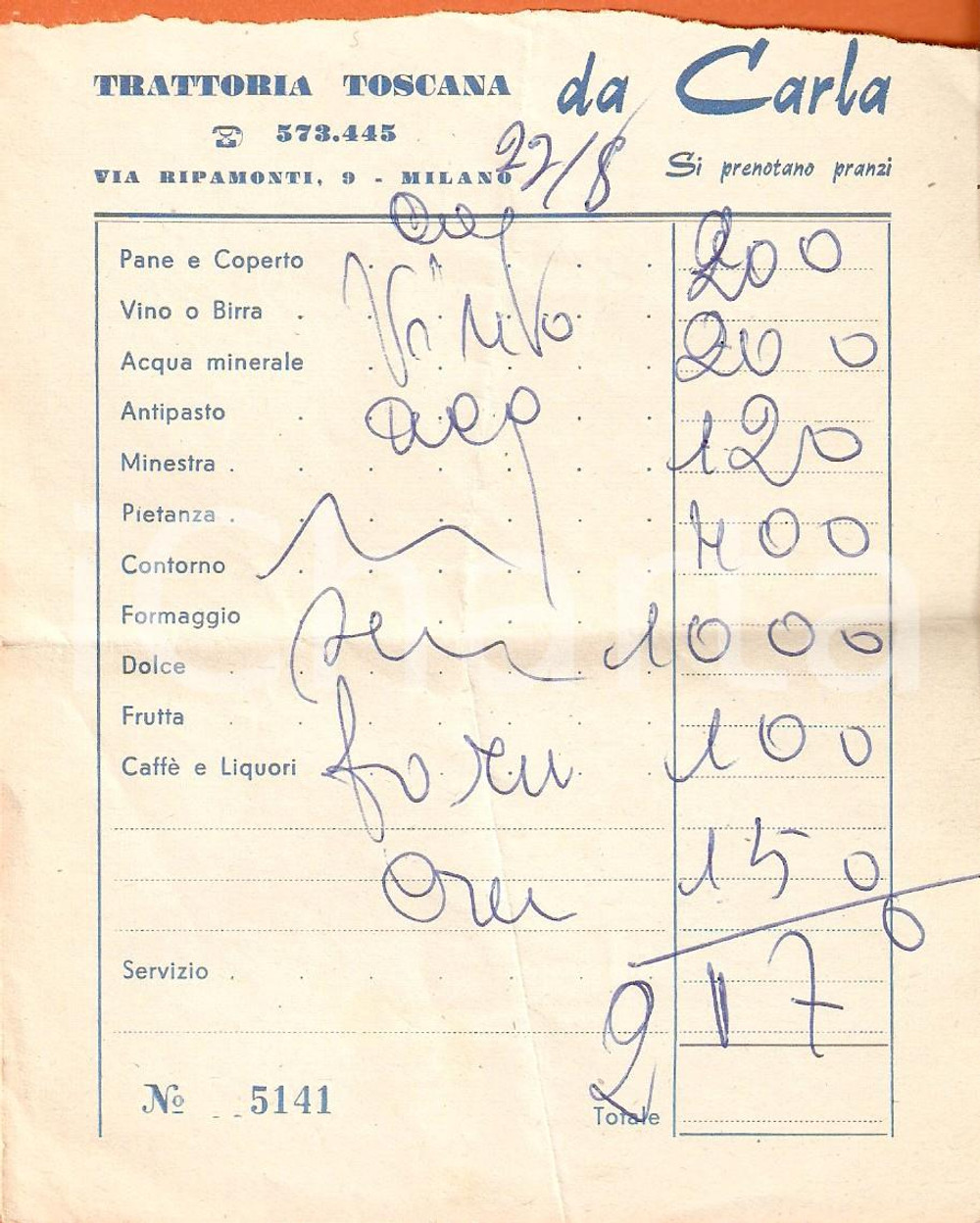 Materiale pubblicitario d’epoca 1965 circa MILANO Trattoria toscana da Carla *Ricevuta 1