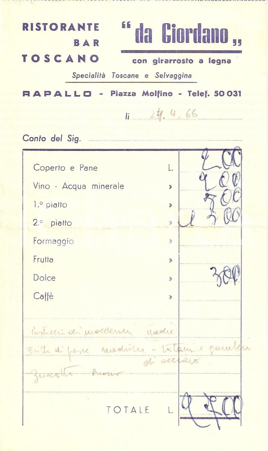 Materiale pubblicitario d’epoca 1966 RAPALLO GE Ristorante toscano da Giordano con girarrosto Ricevuta 1