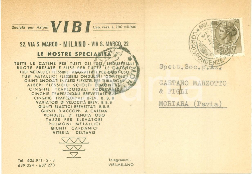 Cartolina originale da collezione 1958 MILANO Catene industriali VIBI *Cartolina commerciale FG VG 1