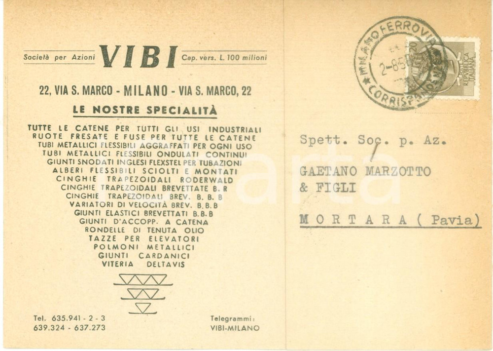 Cartolina originale da collezione 1958 MILANO Catene industriali VIBI Cartolina commerciale FG VG 1