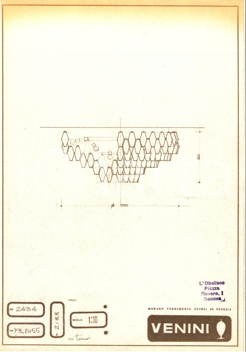 Materiale pubblicitario d’epoca 1960 circa MURANO VENEZIA vetrai VENINI Disegno plafoniera copia eliografica 1