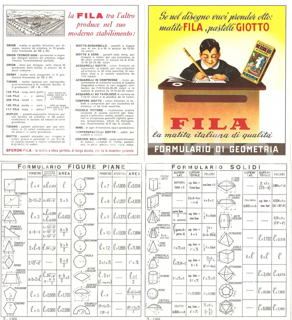 Materiale pubblicitario d’epoca 1950 circa FIRENZE Matite FILA Pastelli GIOTTO Formulario geometria Pieghevole 3 1
