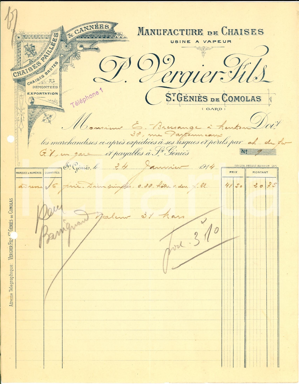 Manoscritto, lettera originale 1914 ST. GENIES DE COMOLAS F Chaises P. VERGIER Fils 1