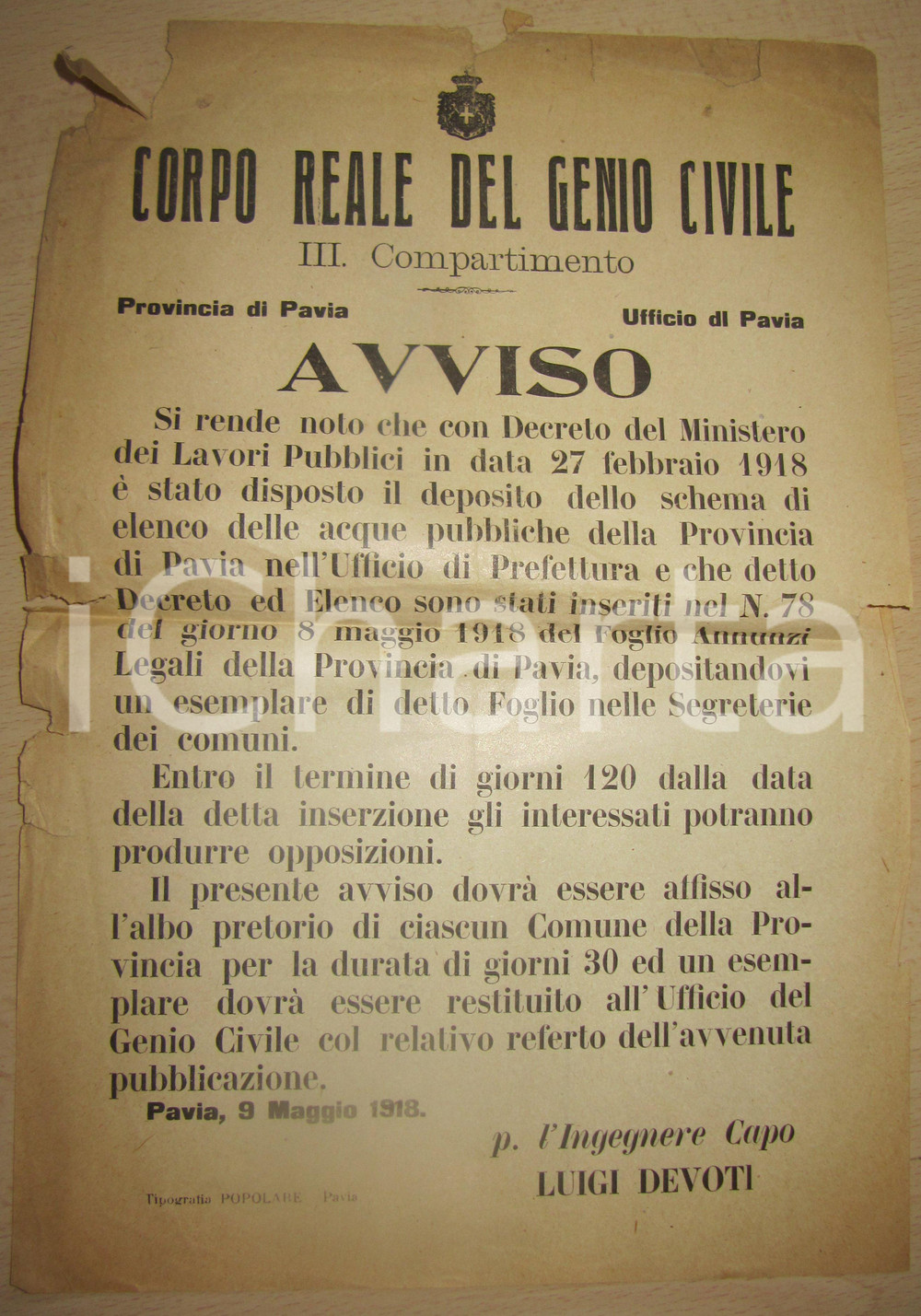 Documento originale, autentico 1918 PAVIA Elenco delle acque pubbliche GENIO CIVILE 1