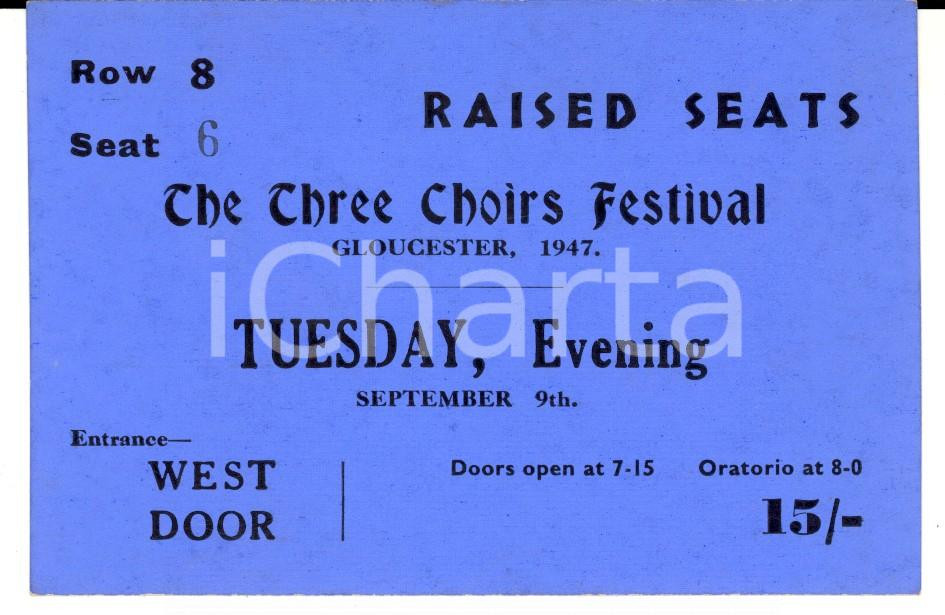 Oggetto da collezione cartaceo 1947 GLOUCESTER UK The THREE CHOIRS FESTIVAL Raised seats Ticket 1