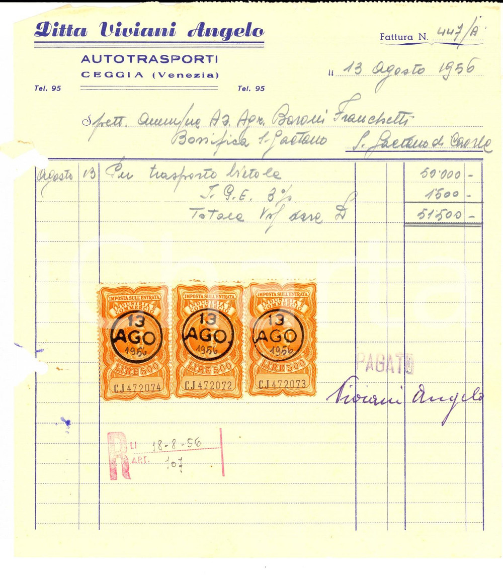 Documento originale, autentico 1956 CEGGIA VE Ditta Angelo VIVIANI Autotrasporti Fattura con bolli 1