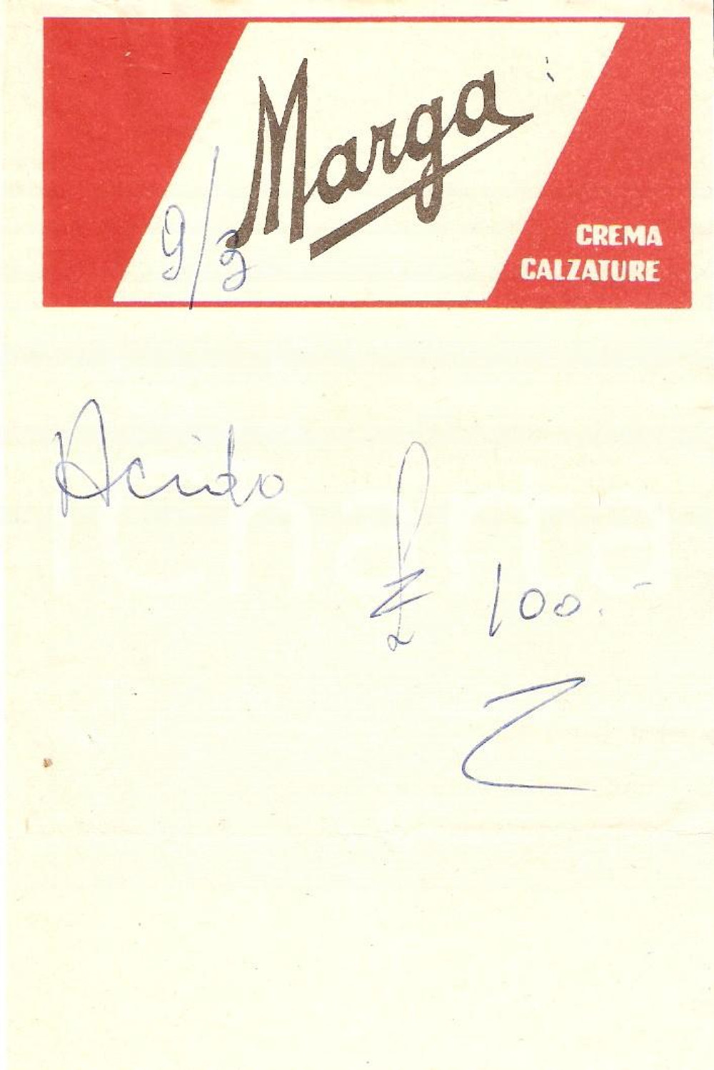 Materiale pubblicitario d’epoca 1965 ca MARGA Crema per calzature *Ricevuta 9x13 cm 1