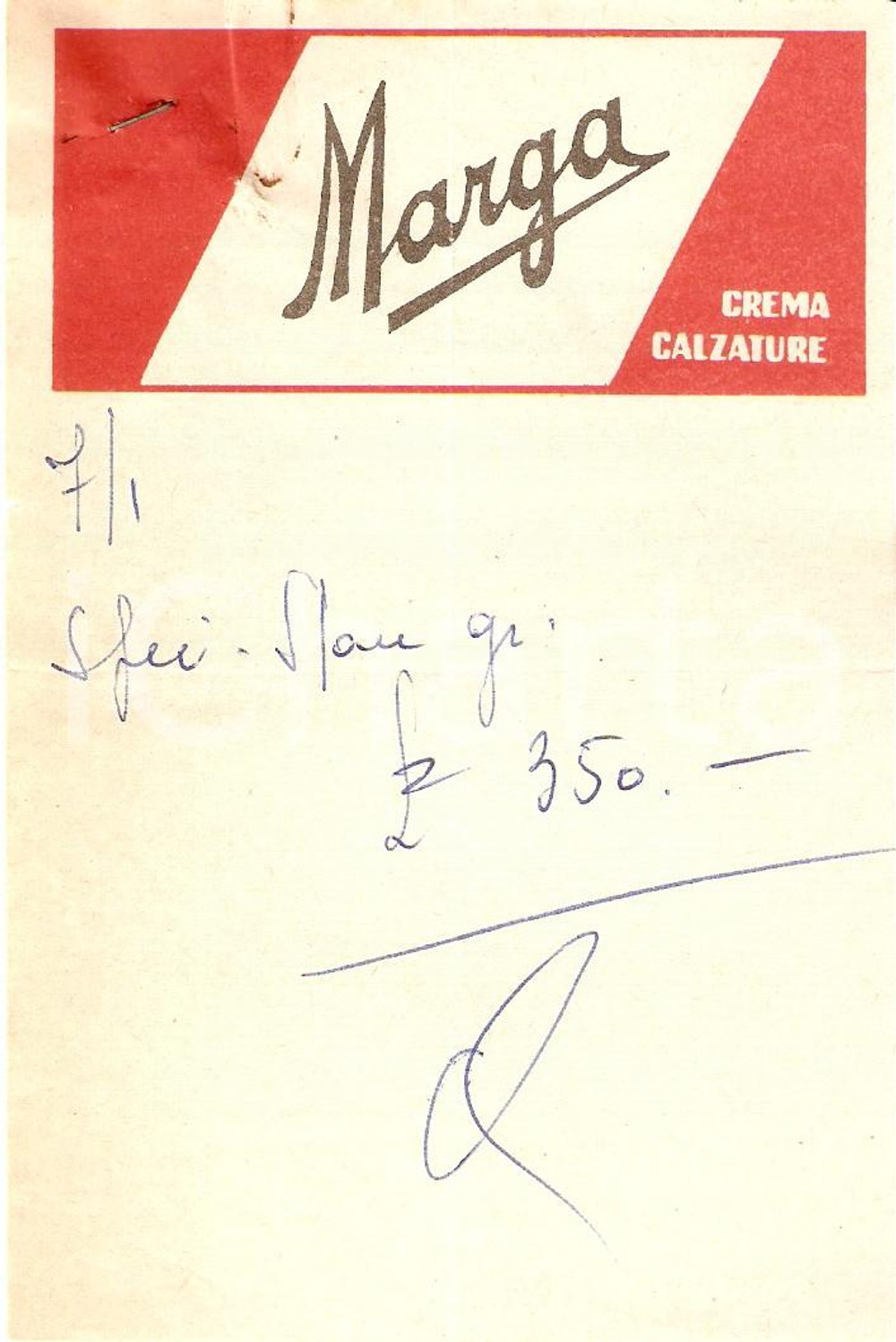 Materiale pubblicitario d’epoca 1965 ca MARGA Crema per calzature Ricevuta 9x13 cm 1