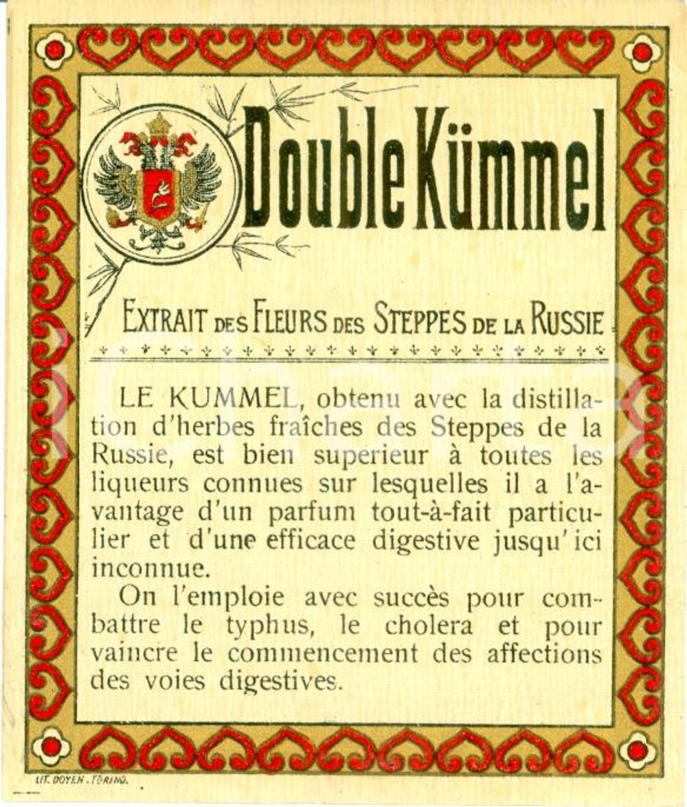 Materiale pubblicitario d’epoca 1935 ca DOUBLE KUMMEL Extrait fleurs Steppes RUSSIE Etichetta 1