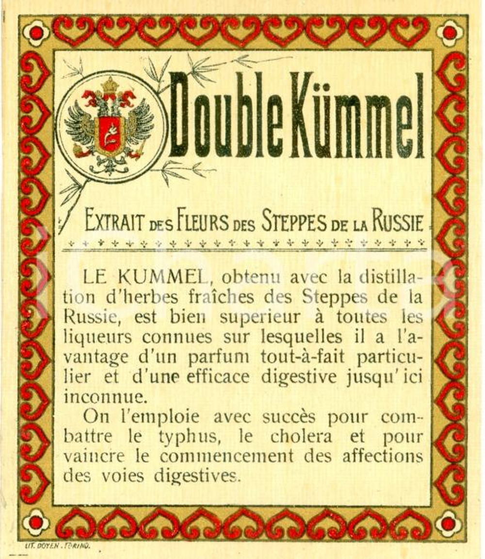 Materiale pubblicitario d’epoca 1935 ca DOUBLE KUMMEL Extrait fleurs Steppes RUSSIE Etichetta 1