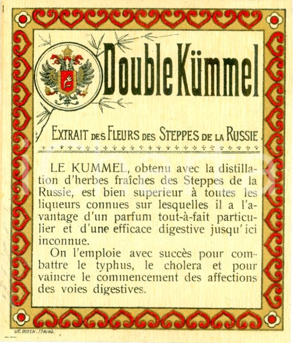 Materiale pubblicitario d’epoca 1935 ca DOUBLE KUMMEL Extrait fleurs Steppes RUSSIE Etichetta 1