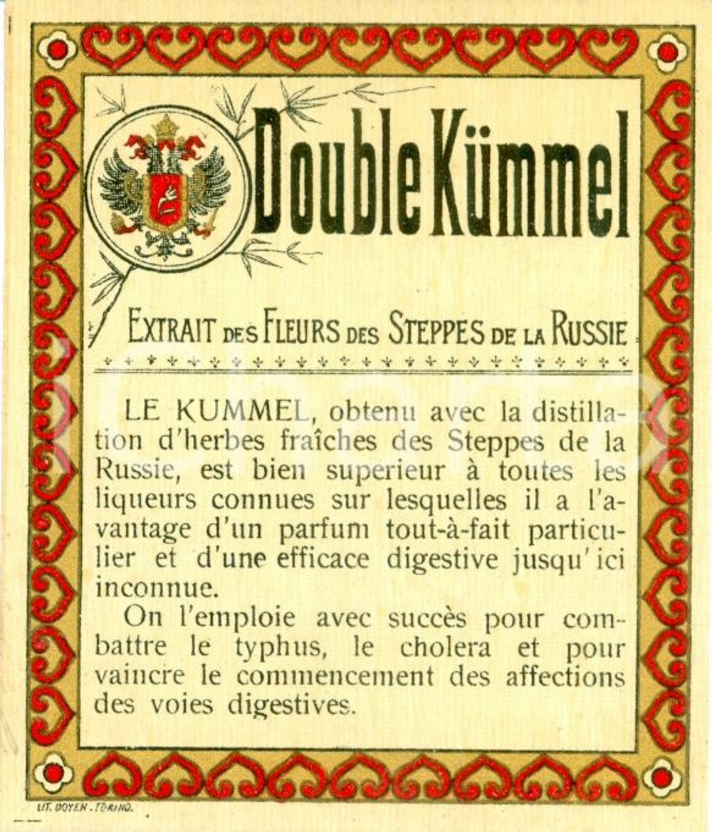 Materiale pubblicitario d’epoca 1935 ca DOUBLE KUMMEL Extrait fleurs Steppes RUSSIE Etichetta 1