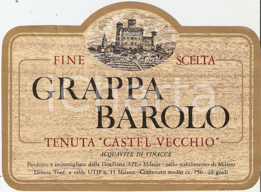 Materiale pubblicitario d’epoca 1970 ca MILANO Distilleria APE Tenuta CASTEL VECCHIO Grappa Barolo *Etichetta 1