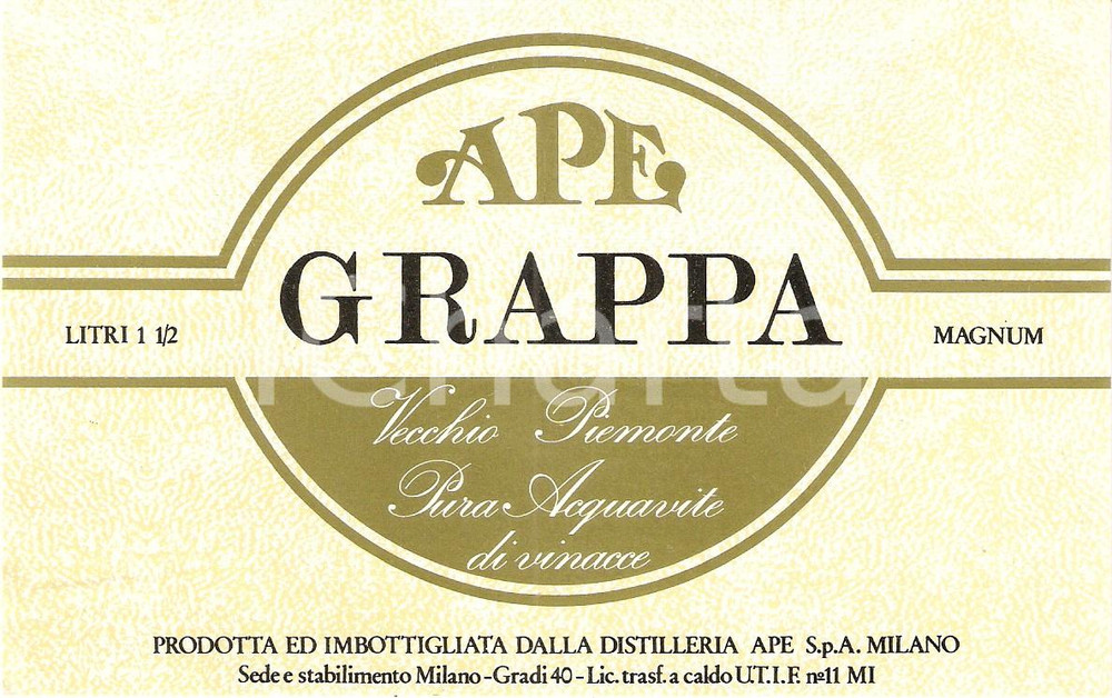 Materiale pubblicitario d’epoca 1970 ca MILANO Distilleria APE Grappa VECCHIO PIEMONTE Magnum *Etichetta 1