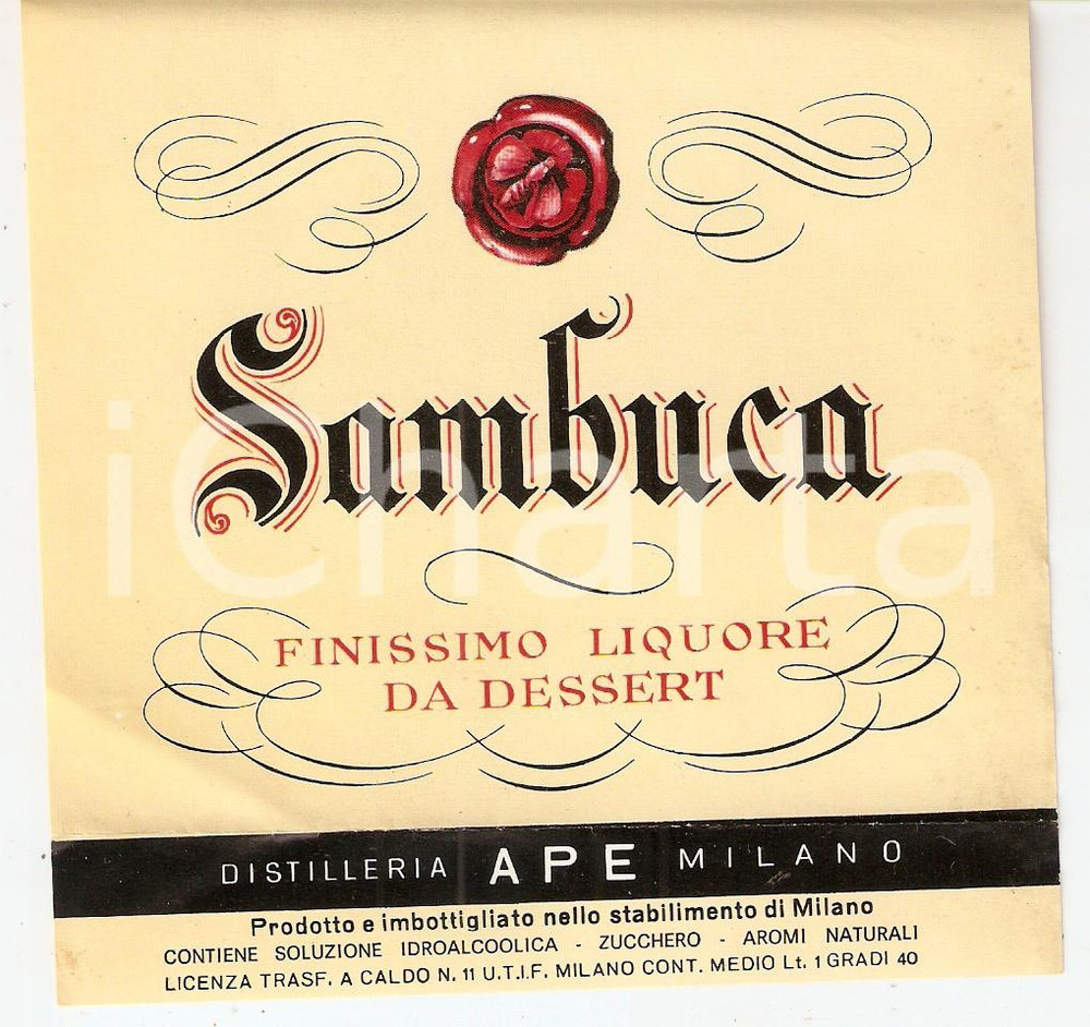 Materiale pubblicitario d’epoca 1970 ca MILANO Distilleria APE Liquore da dessert SAMBUCA Etichetta 1