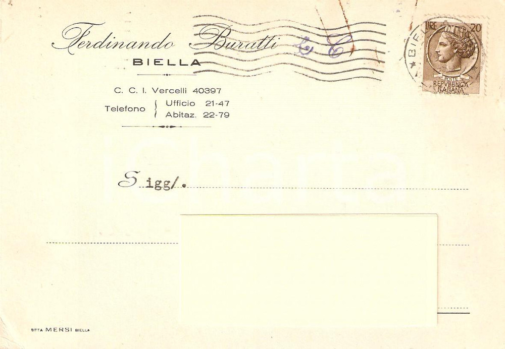 Cartolina originale da collezione 1959 BIELLA Ditta Ferdinando BURATTI & C.*Cartolina Commerciale 1