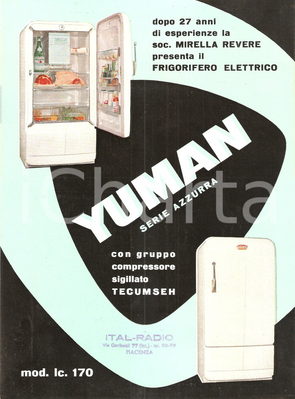Materiale pubblicitario d’epoca 1954 YUMAN Frigoriferi serie azzurra Compressore TECUMSEH Volantino 1